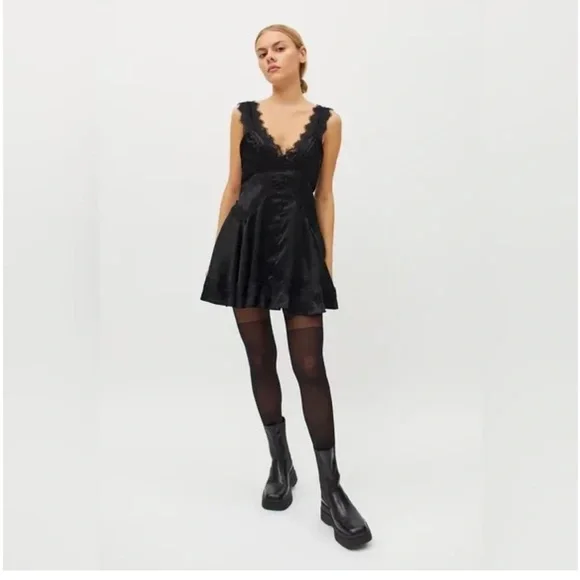 urban outfitters black satin dress UO Bella Bow-Back Satin Mini Dress